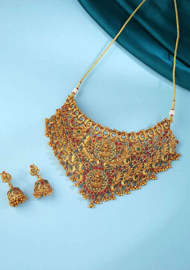 Gold-Plated & Pink Artificial Stones Studded & Beaded Temple Choker Jewellery Set for Women | Traditional Temple Jewellery for Wedding & Festive Wear | Gift for Her - Indya