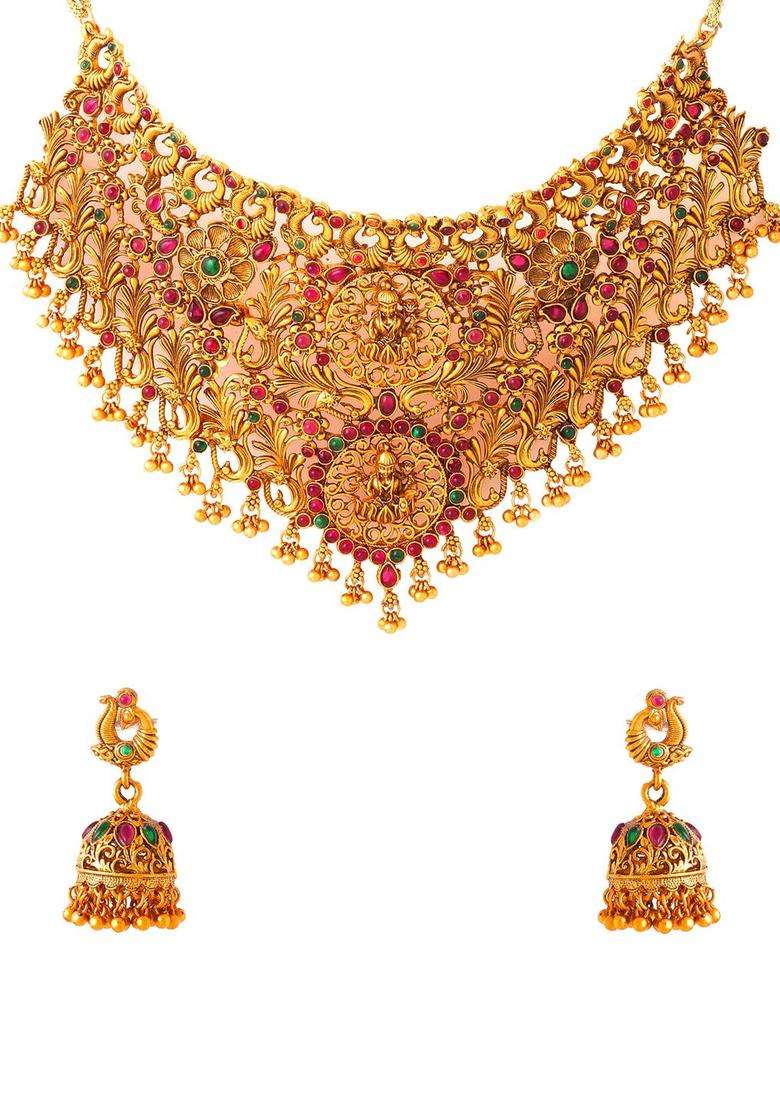 Gold-Plated & Pink Artificial Stones Studded & Beaded Temple Choker Jewellery Set for Women | Traditional Temple Jewellery for Wedding & Festive Wear | Gift for Her - Indya