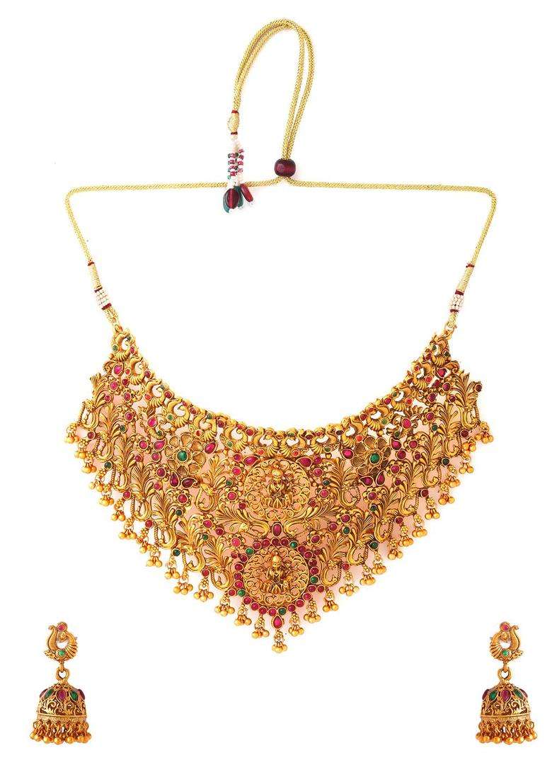 Gold-Plated & Pink Artificial Stones Studded & Beaded Temple Choker Jewellery Set for Women | Traditional Temple Jewellery for Wedding & Festive Wear | Gift for Her - Indya