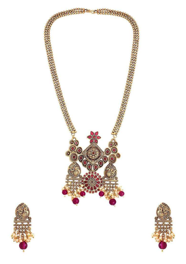 Gold-Plated God-Plated Artificial Stone-Studded & Beaded Jewellery Set for Men & Women | Traditional Temple Jewellery for Wedding & Festive Wear | Festive Gift - Indya