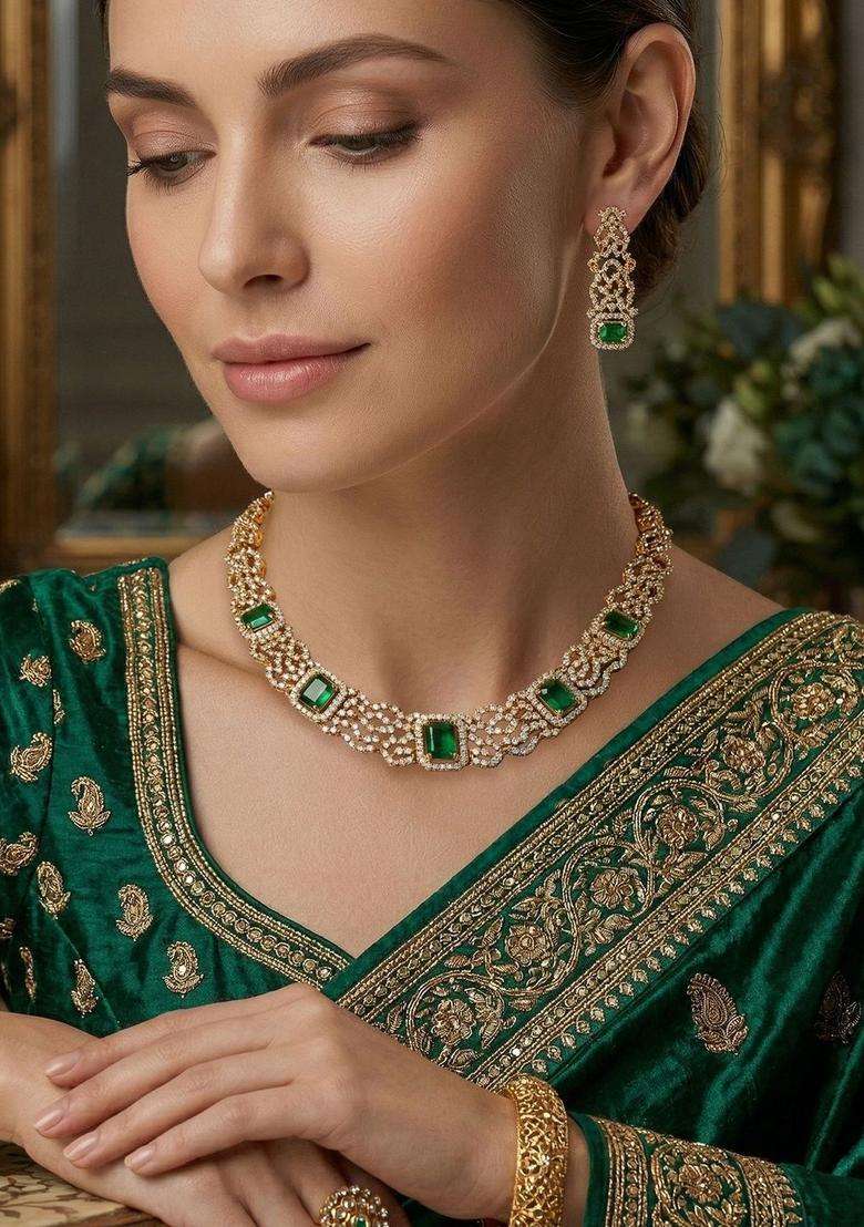 Gold-Plated Temple Cubic Zirconia Necklace and Earrings for Women | Traditional Temple Jewellery for Wedding & Festive Wear | Gift for Her - Indya