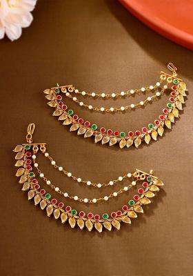Gold-Plated Stone Studded & Pearls Beaded Layered Pearl Ear Chains for Women | Traditional Temple Jewellery for Wedding & Festive Wear | Gift for Her