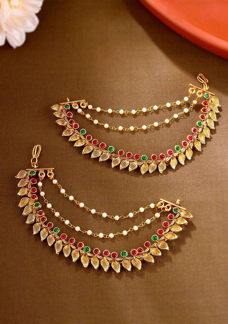 Gold-Plated Stone Studded & Pearls Beaded Layered Pearl Ear Chains for Women | Traditional Temple Jewellery for Wedding & Festive Wear | Gift for Her - Indya