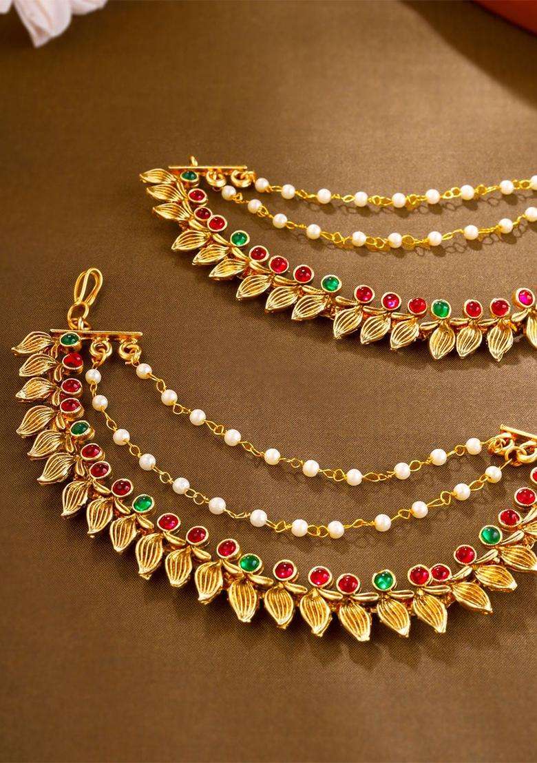 Gold-Plated Stone Studded & Pearls Beaded Layered Pearl Ear Chains for Women | Traditional Temple Jewellery for Wedding & Festive Wear | Gift for Her - Indya