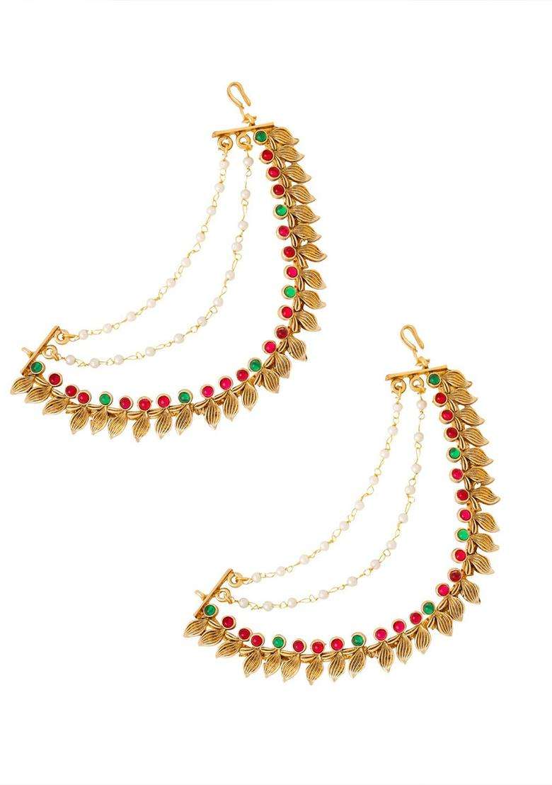 Gold-Plated Stone Studded & Pearls Beaded Layered Pearl Ear Chains for Women | Traditional Temple Jewellery for Wedding & Festive Wear | Gift for Her - Indya