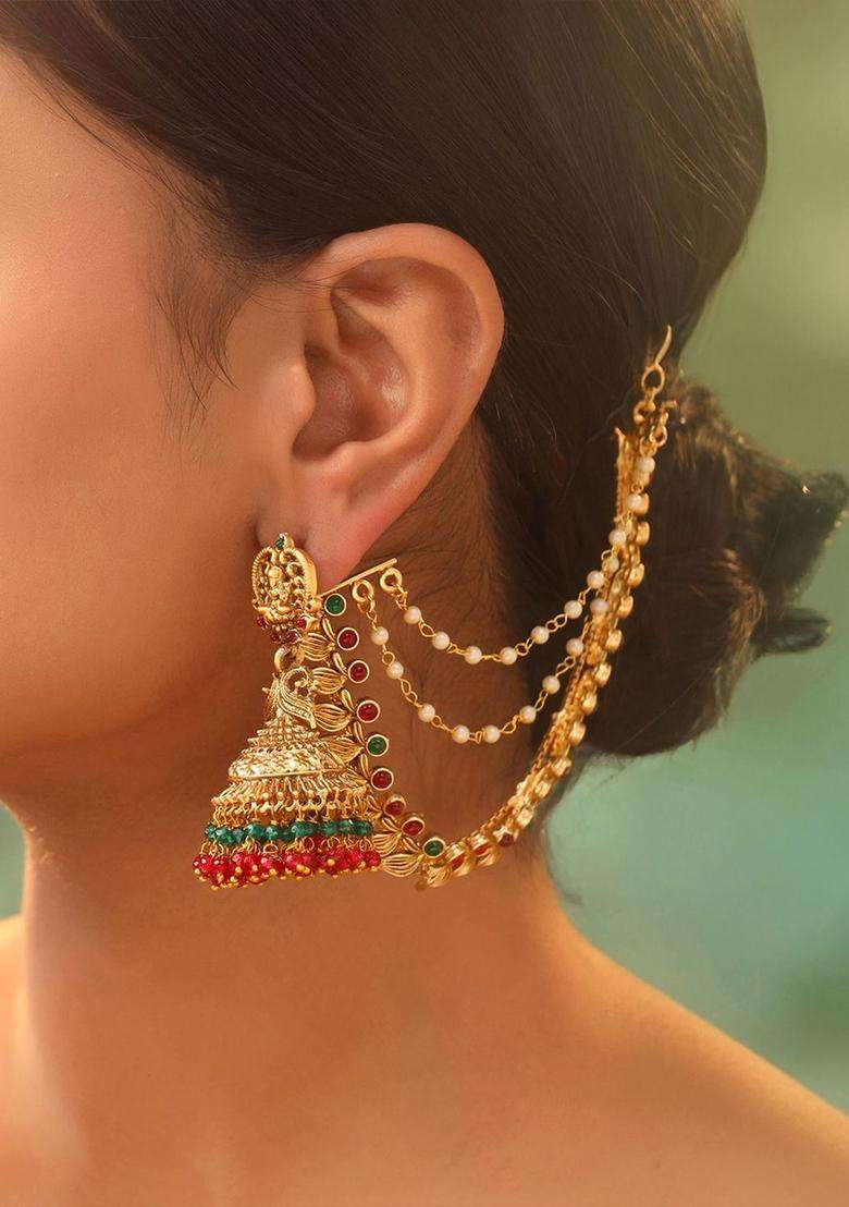 Gold-Plated Stone Studded & Pearls Beaded Layered Pearl Ear Chains for Women | Traditional Temple Jewellery for Wedding & Festive Wear | Gift for Her - Indya