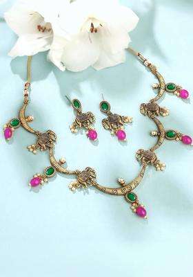 Gold-Plated Beaded Temple Necklace Earrings Traditional Jewellery Set for Men & Women | Traditional Temple Jewellery for Wedding & Festive Wear | Festive Gift
