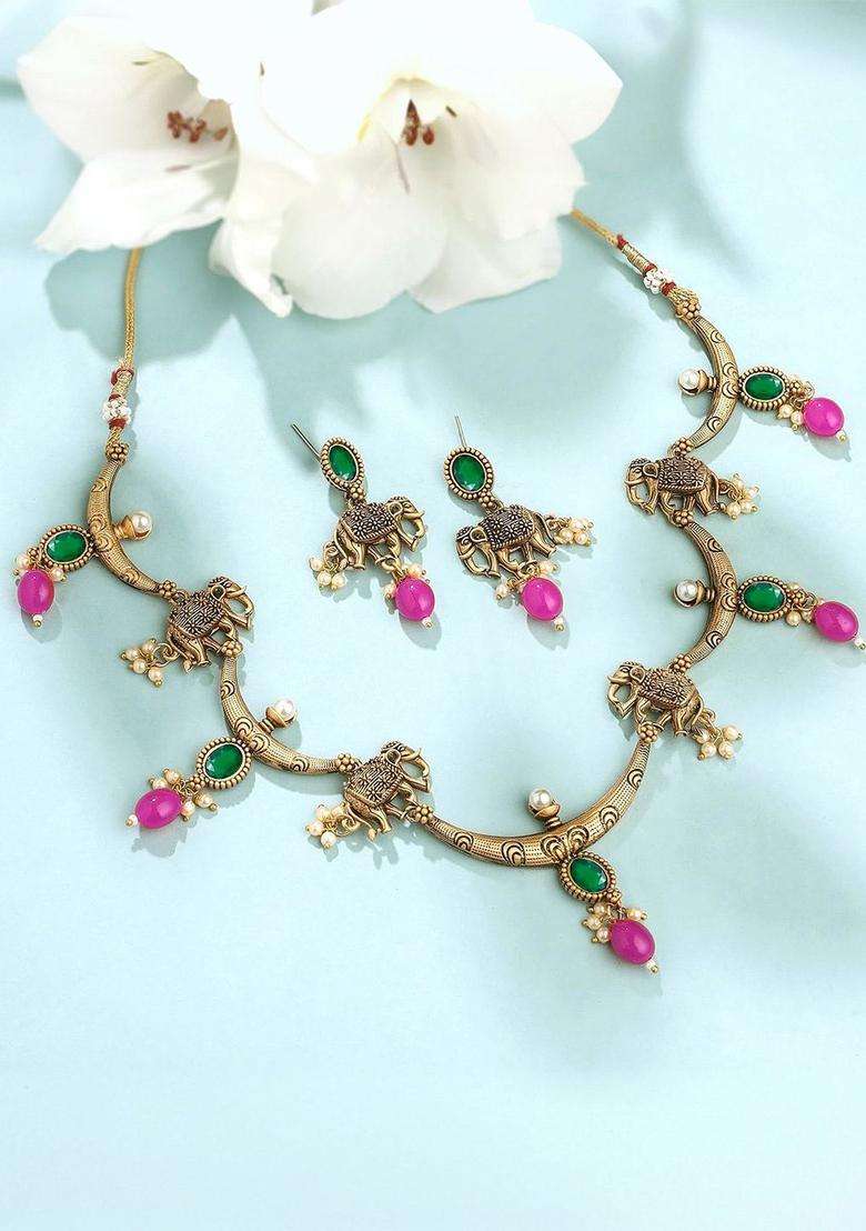 Gold-Plated Beaded Temple Necklace Earrings Traditional Jewellery Set for Men & Women | Traditional Temple Jewellery for Wedding & Festive Wear | Festive Gift - Indya