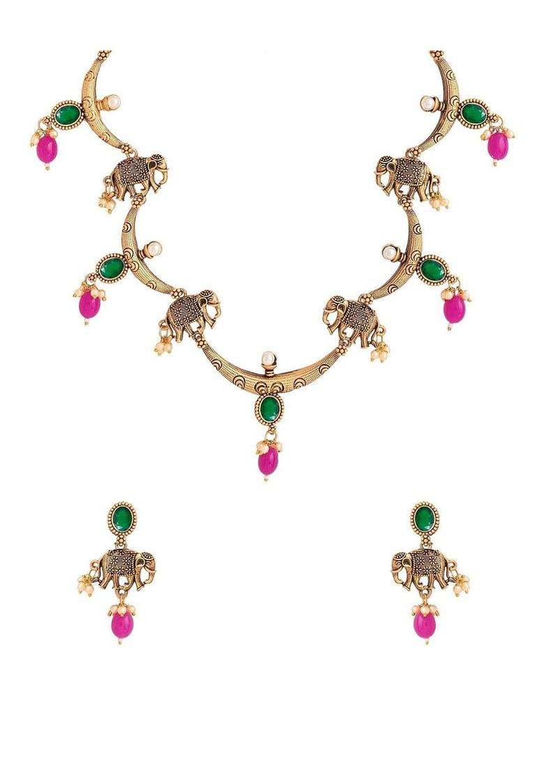 Gold-Plated Beaded Temple Necklace Earrings Traditional Jewellery Set for Men & Women | Traditional Temple Jewellery for Wedding & Festive Wear | Festive Gift - Indya