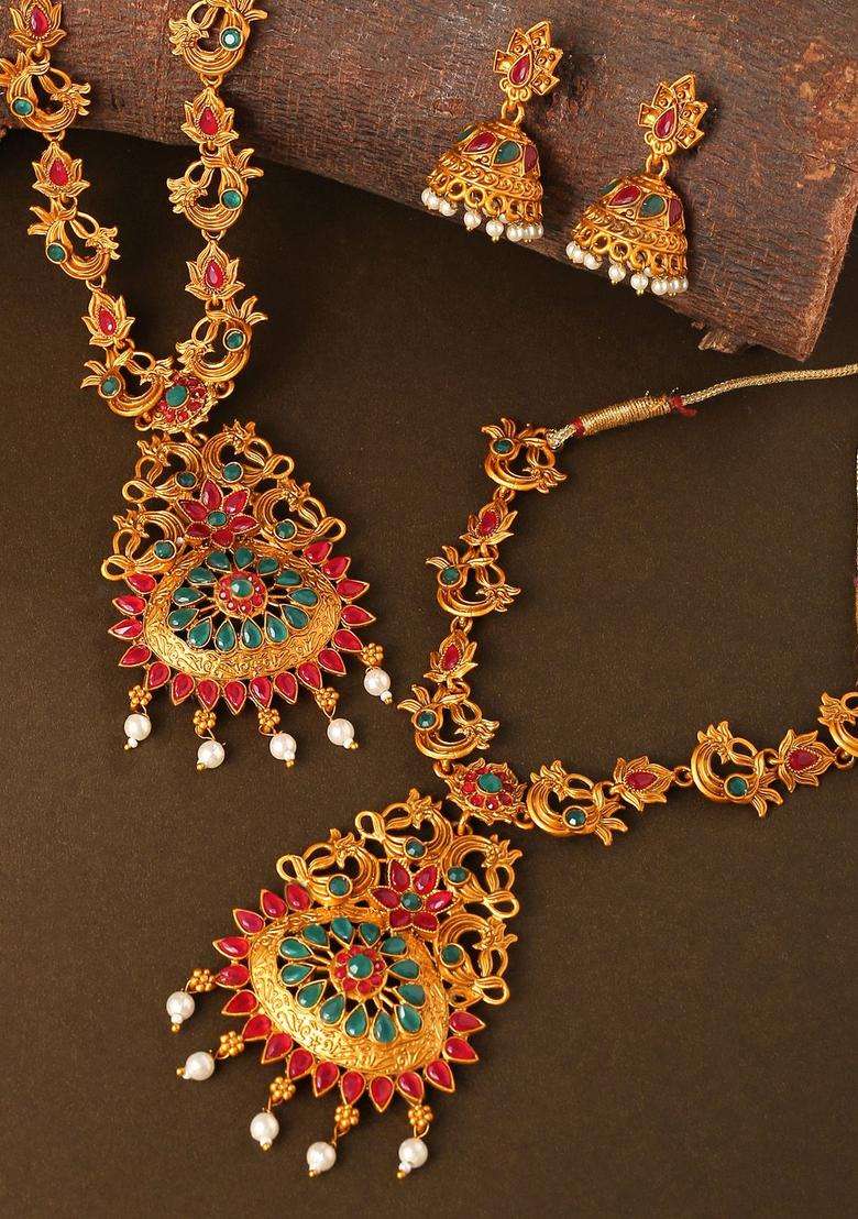 Gold-Plated Green & Pink Stone-Studded Choker Jewellery Set for Women | Traditional Temple Jewellery for Wedding & Festive Wear | Gift for Her - Indya