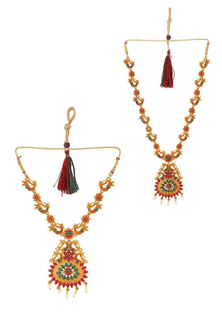 Gold-Plated Green & Pink Stone-Studded Choker Jewellery Set for Women | Traditional Temple Jewellery for Wedding & Festive Wear | Gift for Her - Indya