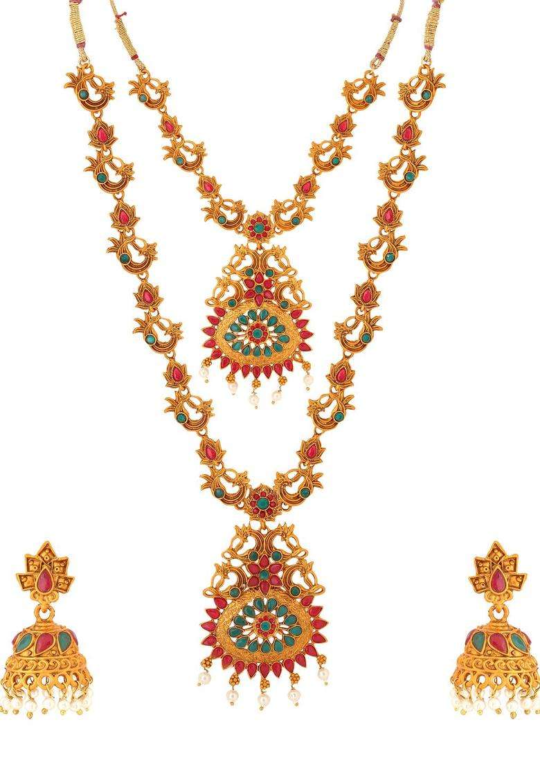 Gold-Plated Green & Pink Stone-Studded Choker Jewellery Set for Women | Traditional Temple Jewellery for Wedding & Festive Wear | Gift for Her - Indya