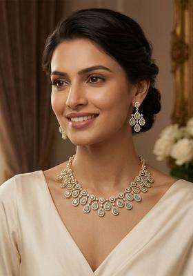 Gold-Plated Temple Zircon Necklace Earrings Festive Jewellery Set for Women | Traditional Temple Jewellery for Wedding & Festive Wear | Gift for Her