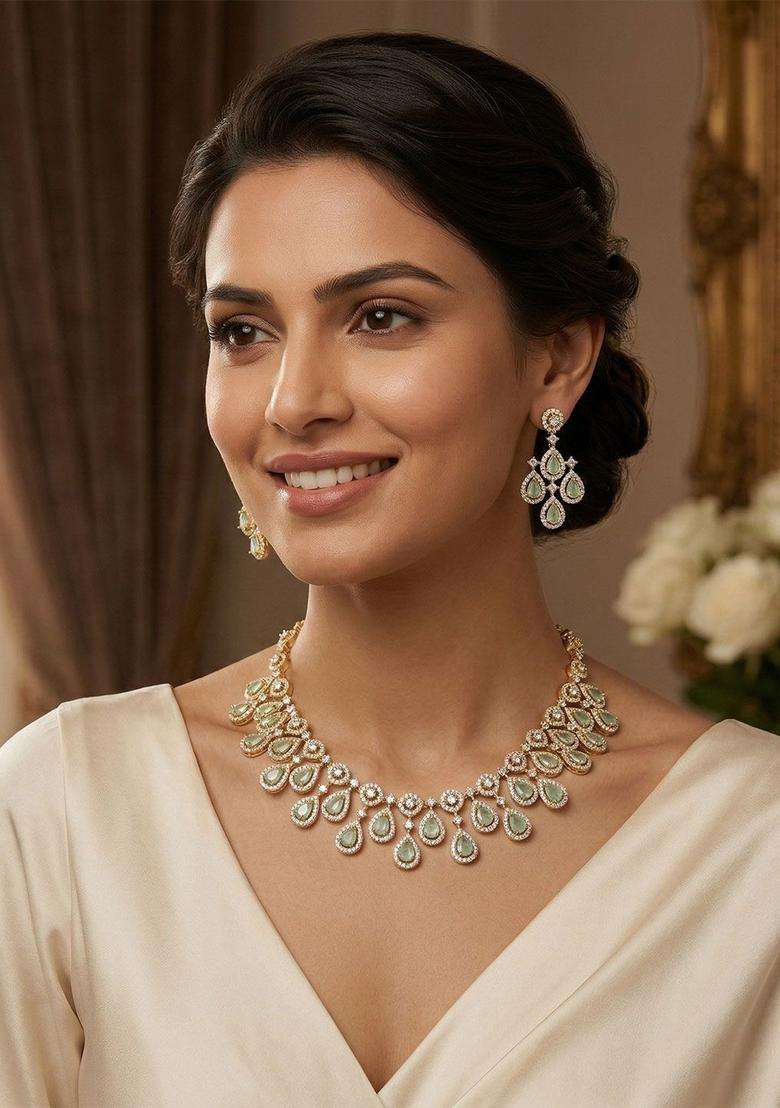 Gold-Plated Temple Zircon Necklace Earrings Festive Jewellery Set for Women | Traditional Temple Jewellery for Wedding & Festive Wear | Gift for Her - Indya