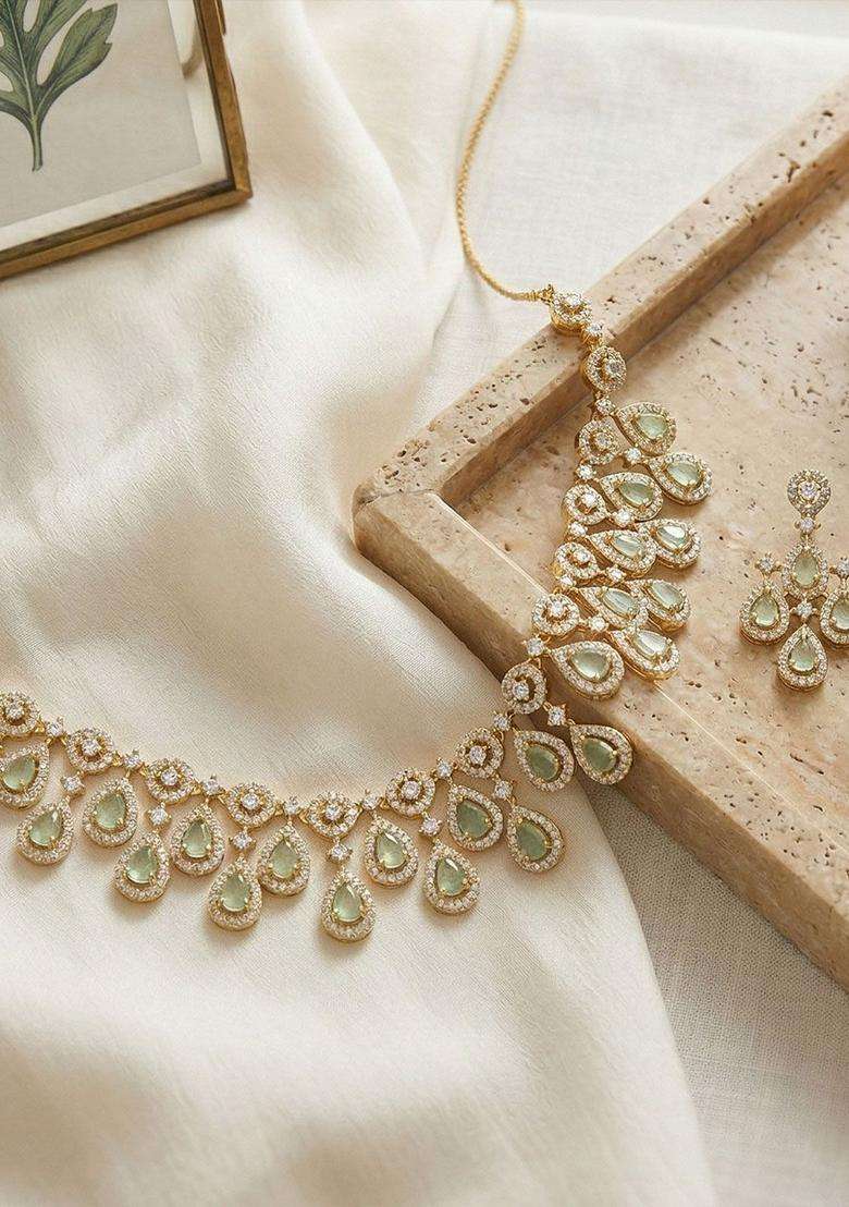 Gold-Plated Temple Zircon Necklace Earrings Festive Jewellery Set for Women | Traditional Temple Jewellery for Wedding & Festive Wear | Gift for Her - Indya