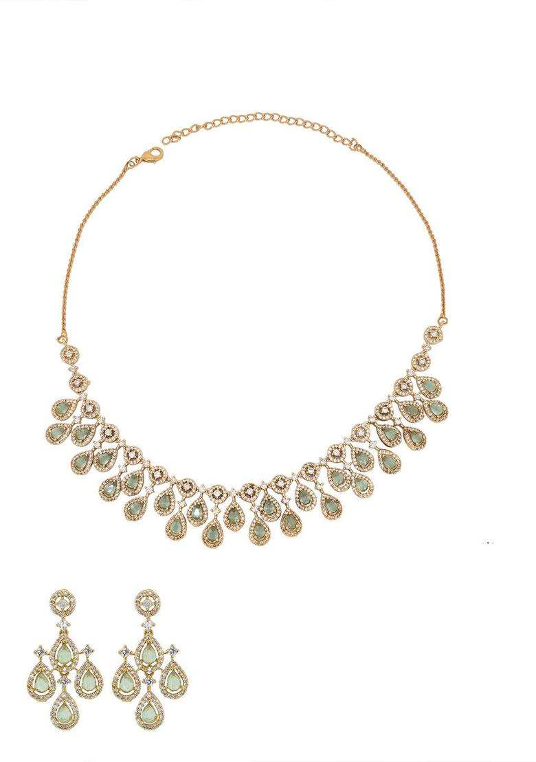Gold-Plated Temple Zircon Necklace Earrings Festive Jewellery Set for Women | Traditional Temple Jewellery for Wedding & Festive Wear | Gift for Her - Indya