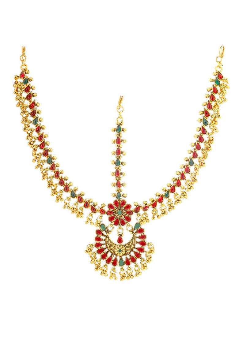 Gold-Toned Green Kundan Layered Temple Bridal Traditional Matha Patti for Women | Traditional Temple Jewellery for Wedding & Festive Wear | Gift for Her - Indya