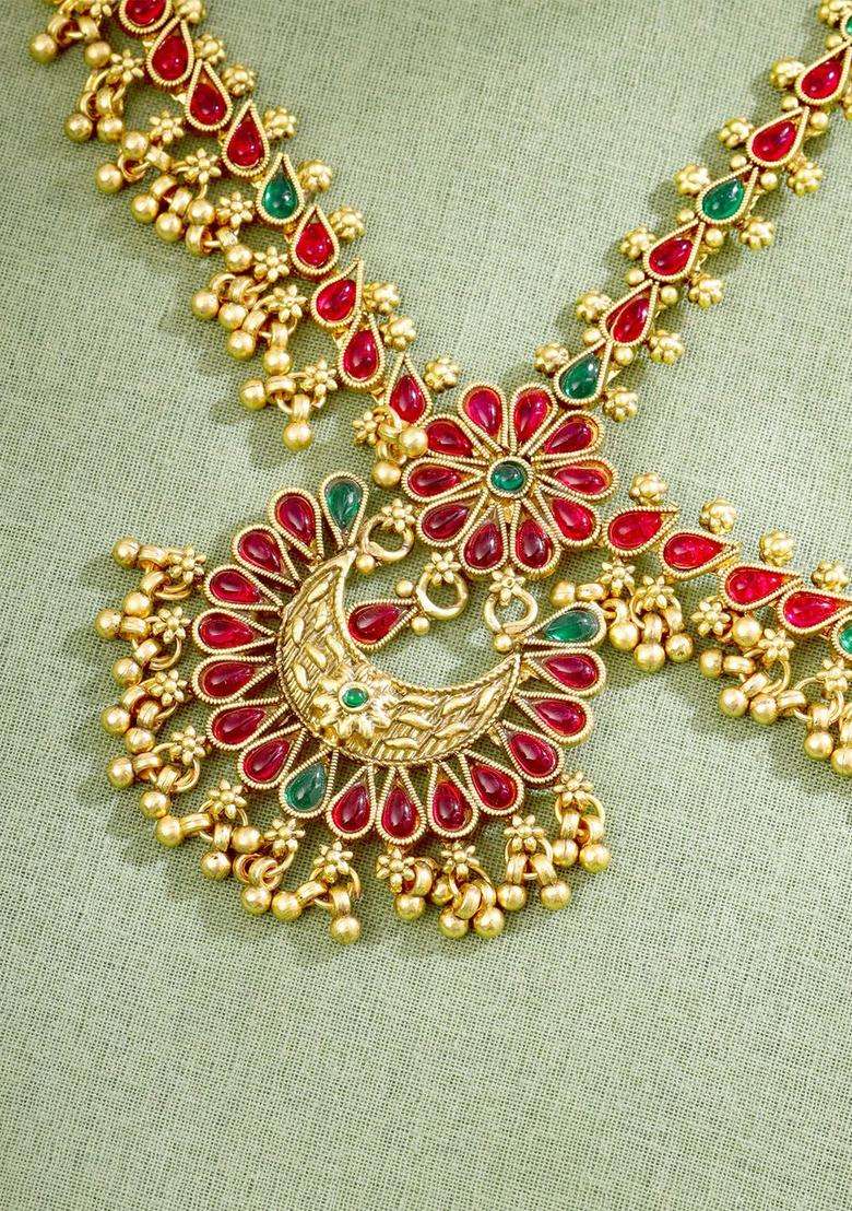 Gold-Toned Green Kundan Layered Temple Bridal Traditional Matha Patti for Women | Traditional Temple Jewellery for Wedding & Festive Wear | Gift for Her - Indya