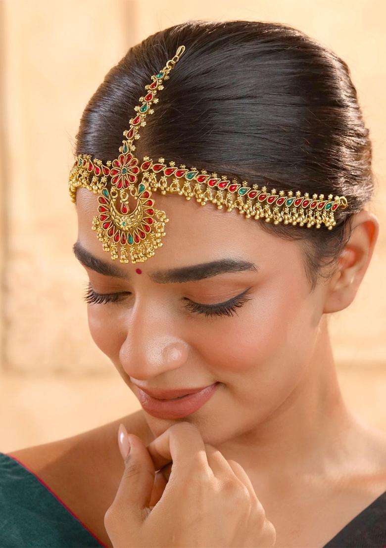 Gold-Toned Green Kundan Layered Temple Bridal Traditional Matha Patti for Women | Traditional Temple Jewellery for Wedding & Festive Wear | Gift for Her - Indya