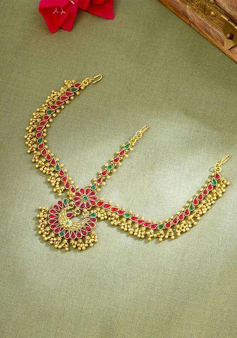 Gold-Toned Green Kundan Layered Temple Bridal Traditional Matha Patti for Women | Traditional Temple Jewellery for Wedding & Festive Wear | Gift for Her