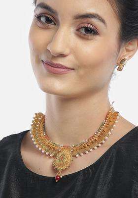 Green & Red Gold-Plated Stone-Studded Beaded Jewellery Set for Women | Traditional Temple Jewellery for Wedding & Festive Wear | Gift for Her