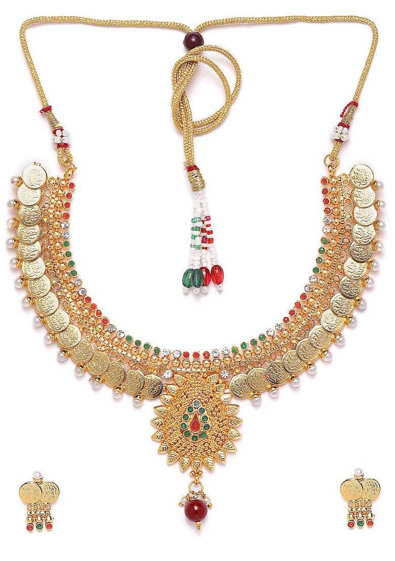 Green & Red Gold-Plated Stone-Studded Beaded Jewellery Set for Women | Traditional Temple Jewellery for Wedding & Festive Wear | Gift for Her - Indya