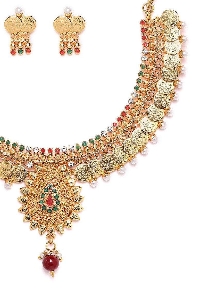 Green & Red Gold-Plated Stone-Studded Beaded Jewellery Set for Women | Traditional Temple Jewellery for Wedding & Festive Wear | Gift for Her - Indya