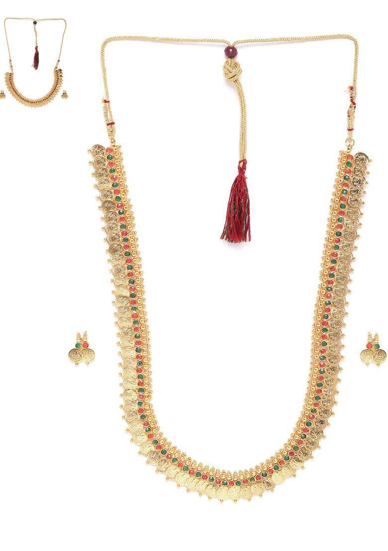 Set of 2 Green & Magenta Gold-Plated Stone Studded Goddess Laxmi Jewellery Set for Women | Traditional Temple Jewellery for Wedding & Festive Wear | Gift for Her - Indya