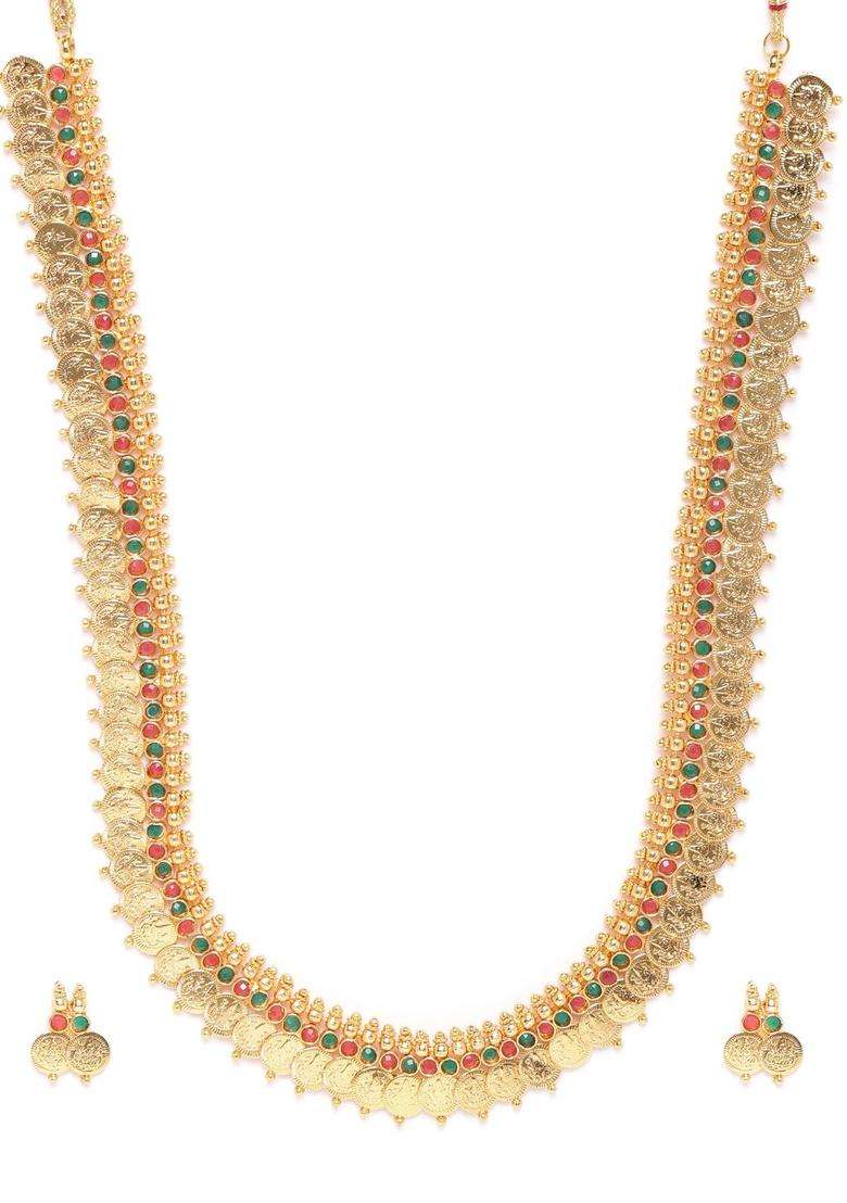 Set of 2 Green & Magenta Gold-Plated Stone Studded Goddess Laxmi Jewellery Set for Women | Traditional Temple Jewellery for Wedding & Festive Wear | Gift for Her - Indya