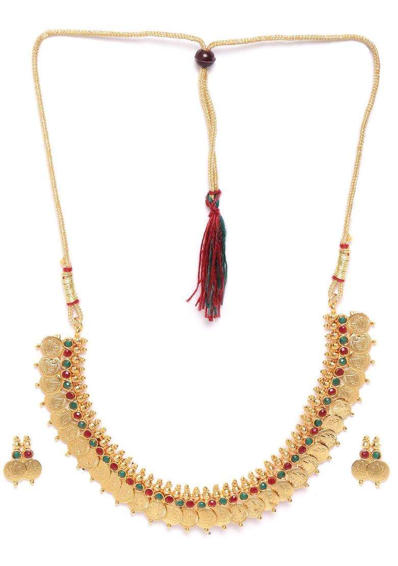 Set of 2 Green & Magenta Gold-Plated Stone Studded Goddess Laxmi Jewellery Set for Women | Traditional Temple Jewellery for Wedding & Festive Wear | Gift for Her - Indya