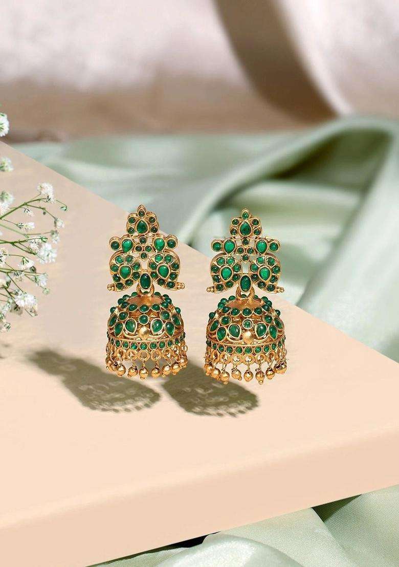 Gold-Plated Peacock Shaped Jhumkas Earrings for Women | Traditional Temple Jewellery for Wedding & Festive Wear | Gift for Her - Indya