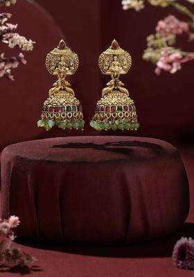 Gold-Plated Artificial Stones Studded and Beaded Dome Shaped Jhumkas for Women | Traditional Temple Jewellery for Wedding & Festive Wear | Gift for Her