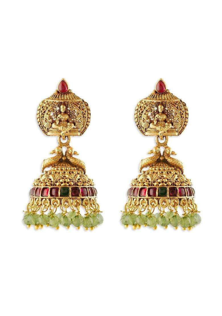 Gold-Plated Artificial Stones Studded and Beaded Dome Shaped Jhumkas for Women | Traditional Temple Jewellery for Wedding & Festive Wear | Gift for Her - Indya