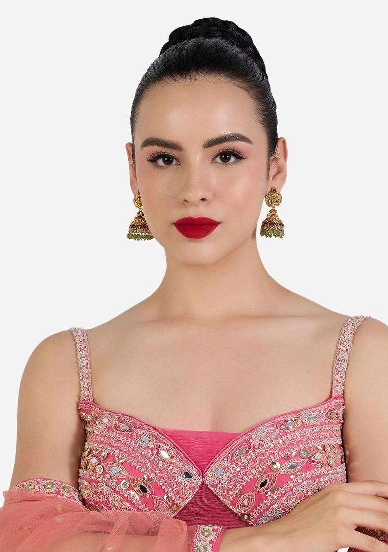 Gold-Plated Artificial Stones Studded and Beaded Dome Shaped Jhumkas for Women | Traditional Temple Jewellery for Wedding & Festive Wear | Gift for Her - Indya