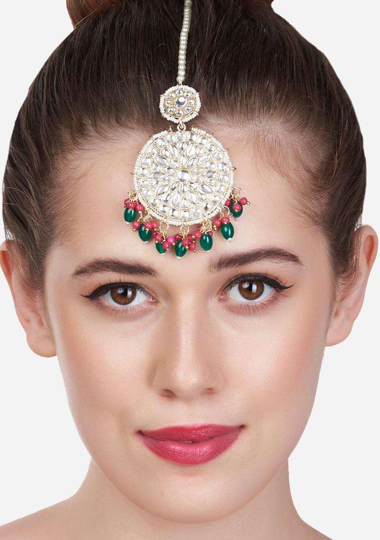 Gold-Plated Green & Pink Stone-Studded & Beaded Maangtikka for Women | Traditional Temple Jewellery for Wedding & Festive Wear | Gift for Her - Indya