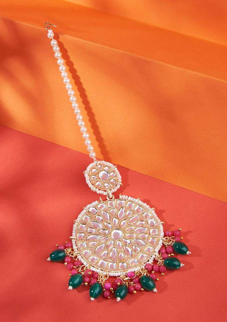 Gold-Plated Green & Pink Stone-Studded & Beaded Maangtikka for Women | Traditional Temple Jewellery for Wedding & Festive Wear | Gift for Her - Indya
