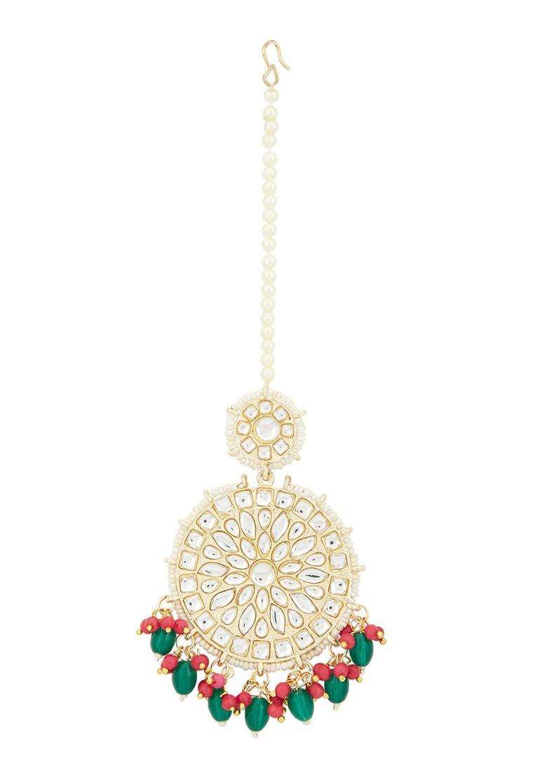 Gold-Plated Green & Pink Stone-Studded & Beaded Maangtikka for Women | Traditional Temple Jewellery for Wedding & Festive Wear | Gift for Her - Indya