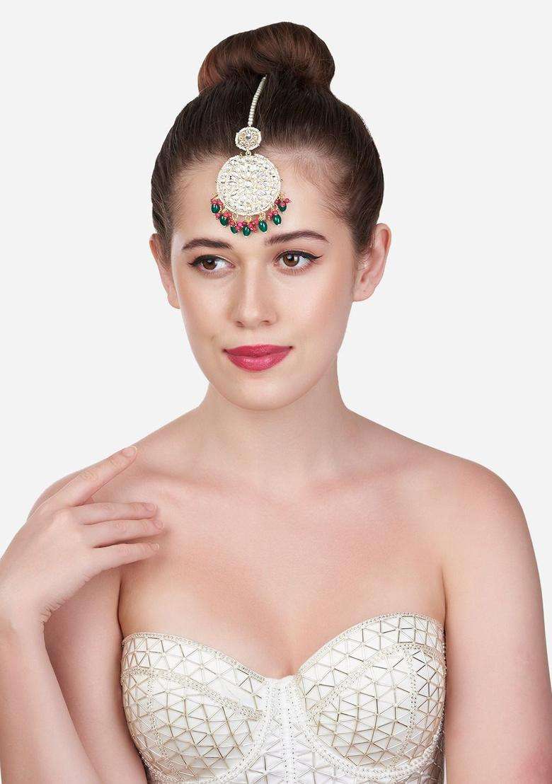 Gold-Plated Green & Pink Stone-Studded & Beaded Maangtikka for Women | Traditional Temple Jewellery for Wedding & Festive Wear | Gift for Her - Indya