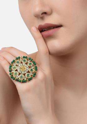Gold-Plated & Green Kundan-Studded Goddess Laxmi Adjustable Finger Ring for Women | Traditional Temple Jewellery for Wedding & Festive Wear | Gift for Her