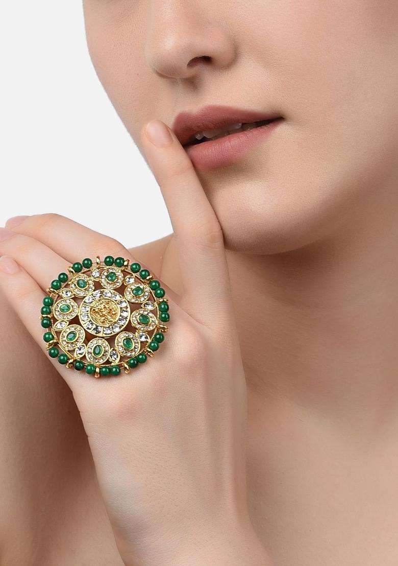 Gold-Plated & Green Kundan-Studded Goddess Laxmi Adjustable Finger Ring for Women | Traditional Temple Jewellery for Wedding & Festive Wear | Gift for Her - Indya