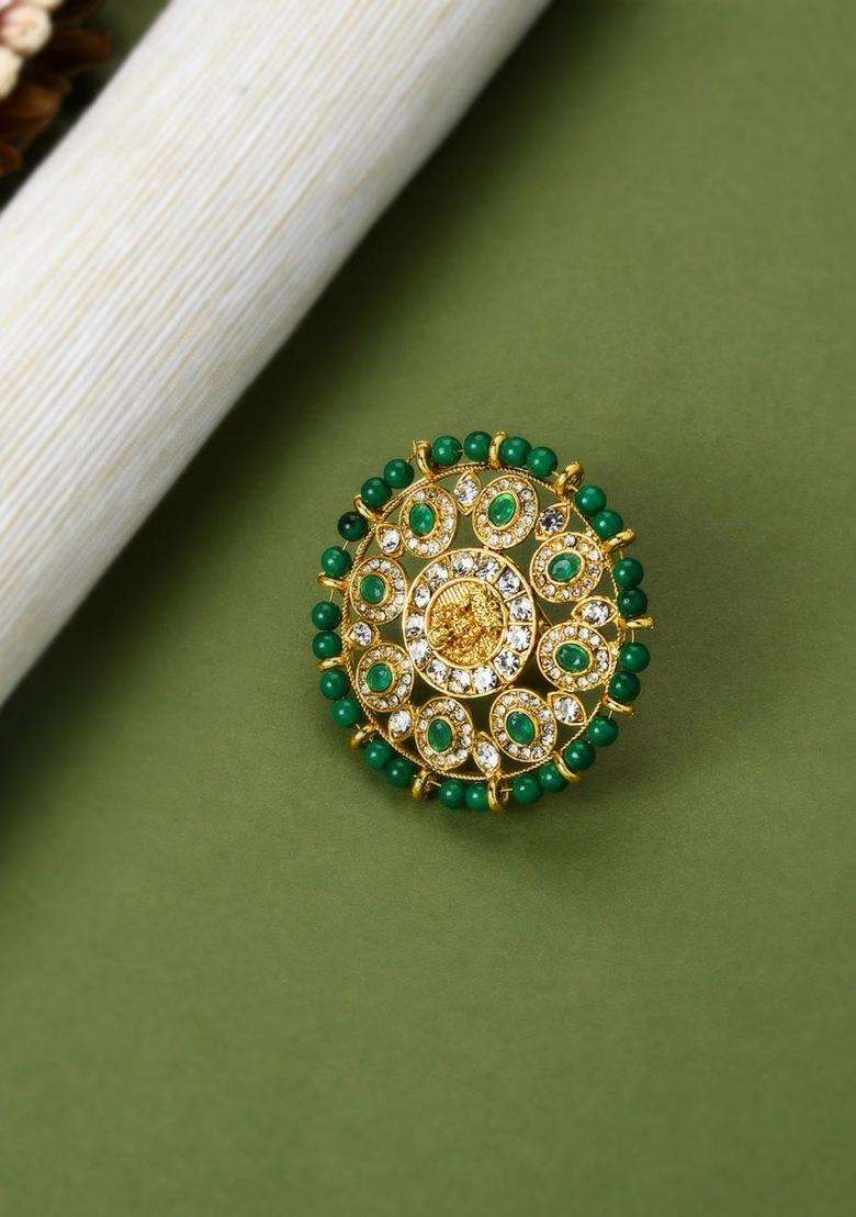 Gold-Plated & Green Kundan-Studded Goddess Laxmi Adjustable Finger Ring for Women | Traditional Temple Jewellery for Wedding & Festive Wear | Gift for Her - Indya