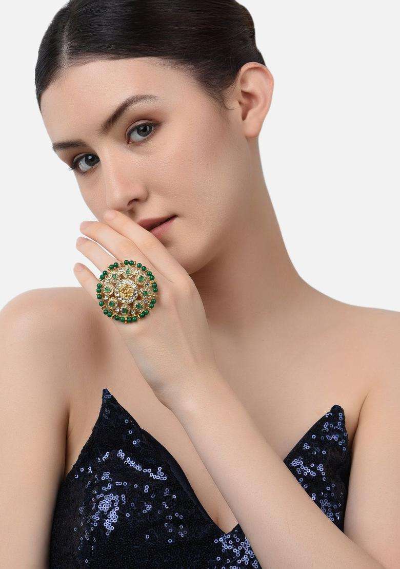 Gold-Plated & Green Kundan-Studded Goddess Laxmi Adjustable Finger Ring for Women | Traditional Temple Jewellery for Wedding & Festive Wear | Gift for Her - Indya