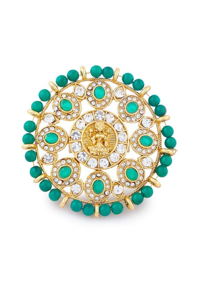 Gold-Plated & Green Kundan-Studded Goddess Laxmi Adjustable Finger Ring for Women | Traditional Temple Jewellery for Wedding & Festive Wear | Gift for Her - Indya