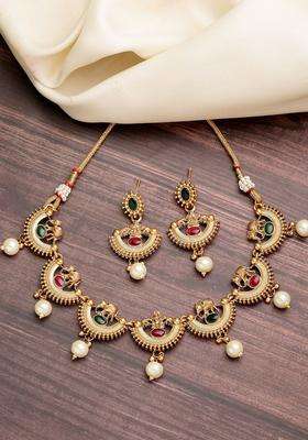 Gold-Plated Pearl Choker Bridal Temple Necklace Set with Kundan for Women | Traditional Temple Jewellery for Wedding & Festive Wear | Gift for Her