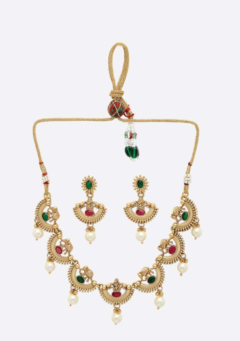 Gold-Plated Pearl Choker Bridal Temple Necklace Set with Kundan for Women | Traditional Temple Jewellery for Wedding & Festive Wear | Gift for Her - Indya