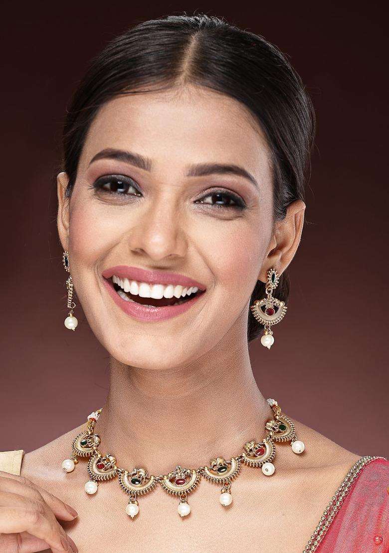 Gold-Plated Pearl Choker Bridal Temple Necklace Set with Kundan for Women | Traditional Temple Jewellery for Wedding & Festive Wear | Gift for Her - Indya
