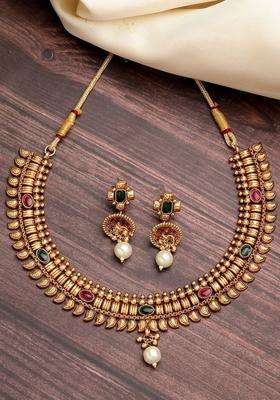 Gold-Plated Red & Green CZ Studded Necklace & Earrings Jewellery Set for Women | Traditional Temple Jewellery for Wedding & Festive Wear | Gift for Her
