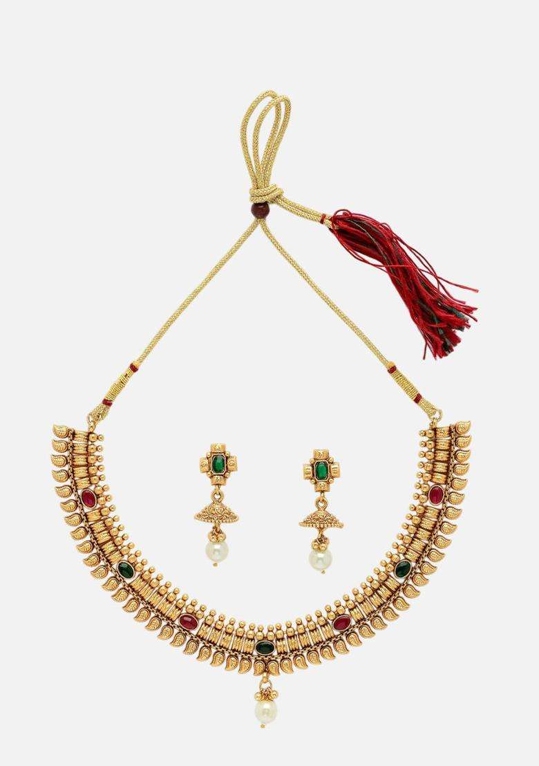 Gold-Plated Red & Green CZ Studded Necklace & Earrings Jewellery Set for Women | Traditional Temple Jewellery for Wedding & Festive Wear | Gift for Her - Indya