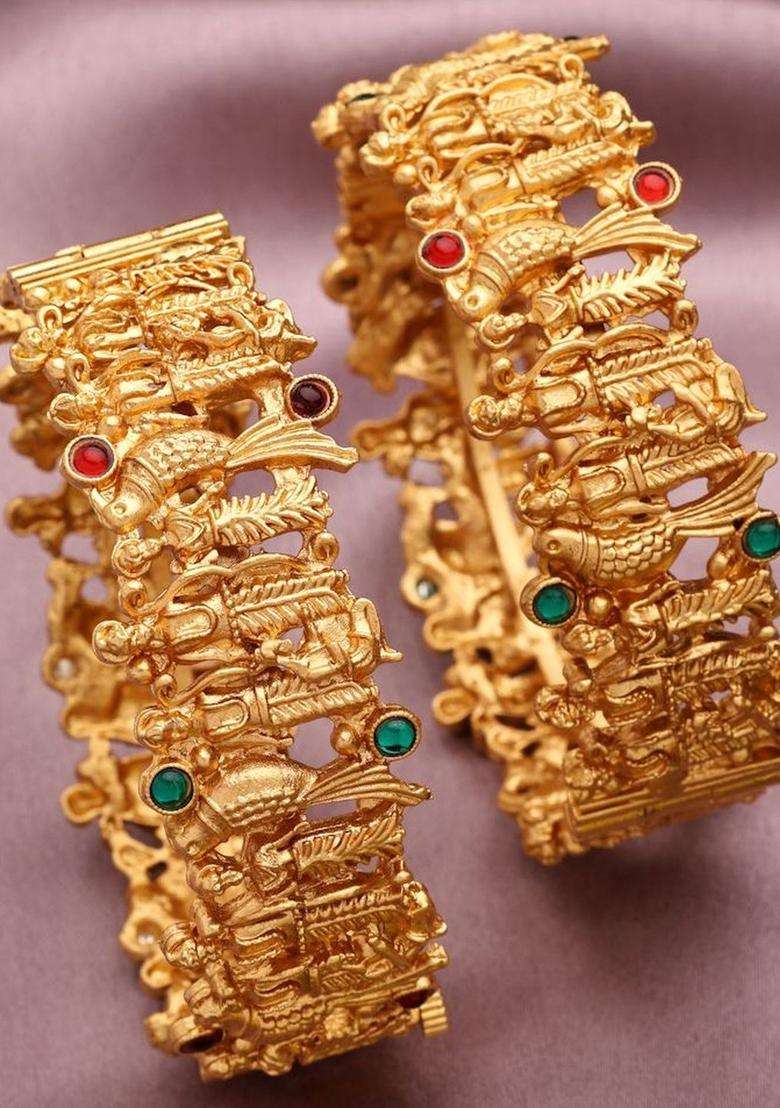 Set of 2 Gold-Plated Temple Kundan Bangles for Women | Traditional Temple Jewellery for Wedding & Festive Wear | Gift for Her - Indya