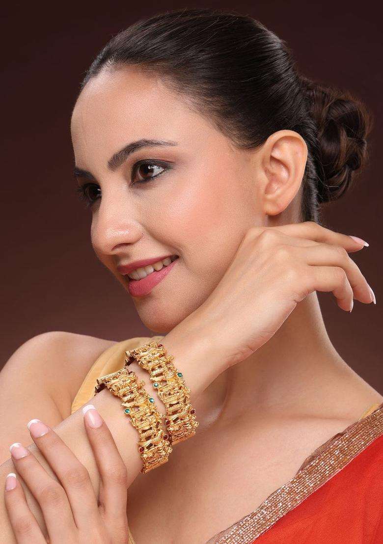 Set of 2 Gold-Plated Temple Kundan Bangles for Women | Traditional Temple Jewellery for Wedding & Festive Wear | Gift for Her - Indya